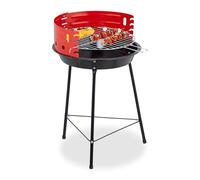 Relaxdays Barbecue au charbon de bois, Ø 37 cm, trépied, barbecue de pique-nique jardin et parc, barbecue avec protection contre le vent, barbecue rond, noir/rouge
