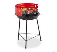 Relaxdays Barbecue au charbon de bois, Ø 37 cm, trépied, barbecue de pique-nique jardin et parc, barbecue avec protection contre le vent, barbecue rond, noir/rouge