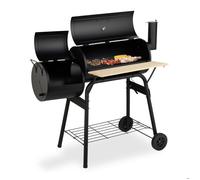 Relaxdays Barbecue grill fumage, couvercle, 2 étagères, 2 roues, thermomètre, charbon, acier, chariot BBQ, noir/naturel