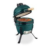 Relaxdays Barbecue Kamado, Ø 26 cm, Grill Japonais céramique avec thermomètre 450°C, grillade, fumoir, Couvercle, Vert