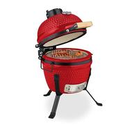 Relaxdays Barbecue Kamado, Ø 26 cm, Grill Japonais céramique avec thermomètre 450°C, grillade, fumoir, Couvercle, Rouge