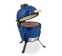 Relaxdays Barbecue Kamado, Ø 26 cm, Grill Japonais céramique avec thermomètre 450°C, grillade, fumoir, Couvercle, Bleu