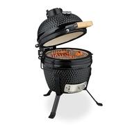 Relaxdays kamado Barbecue, Ø 26 cm, barbecue en céramique, thermomètre jusqu'à 450 °C, couvercle, barbecue au charbon de bois, trépied, noir