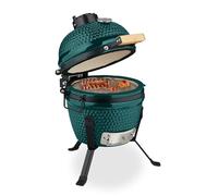 Relaxdays Barbecue Kamado, Ø 26 cm, Grill Japonais céramique avec thermomètre 450°C, grillade, fumoir, Couvercle, Vert