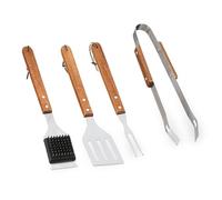 Relaxdays Barbecue, Lot de 4 ustensiles (spatule, Fourchette, Pince et Brosse), Acier INOX et Bois d’Acacia, argenté et Marron