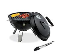 Relaxdays Barbecue Portable, Grill Rond, Ø37 cm, pour Table, Jardin, Balcon, avec Couvercle, bac à Charbon & Pince, Noir