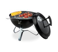 Relaxdays Barbecue Portable, Grill Rond, Ø 37 cm, pour Table, Jardin, Balcon, avec Couvercle, bac à Charbon, Noir