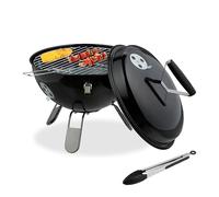 Relaxdays Barbecue Portable, Grill Rond, Ø37 cm, pour Table, Jardin, Balcon, avec Couvercle, bac à Charbon & Pince, Noir