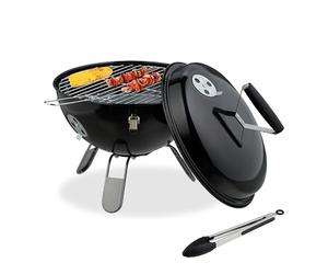Relaxdays Barbecue Portable, Grill Rond, Ø37 cm, pour Table, Jardin, Balcon, avec Couvercle, bac à Charbon & Pince, Noir