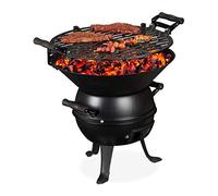 relaxdays Barbecue tonneau, Fonte de Fer et Acier, réglable Hauteur, Portable, Charbon de Bois, Grillage d.35 cm,Noir
