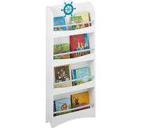 Relaxdays bibliothèque Enfants, HLP : 124 x 50,5 x 15 cm, 4 étagères, MDF, Range-Livres Marin pour Enfants, Blanc/Bleu