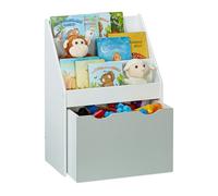 Relaxdays Bibliothèque pour Enfants, HxLxP : 70x50,5x28 cm, avec Coffre à Jouets, 3 Compartiments, MDF, Gris/Blanc