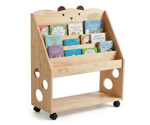 Relaxdays Bibliothèque pour Enfants, roulettes & Tableau, Bois Naturel | H x l x P : 85 x 70 x 29,5 cm, 5 compartiments, étagère à livres pour enfants « Ours »