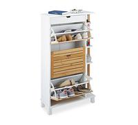 Relaxdays blanc Armoire étagère 12 paires, Range-chaussures en Bois Tiroirs rabats en Bambou, dense, HLP 114 x 66 x 24 cm