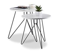 Relaxdays, blanc basses lot de 2, d’appoint rondes, Tables de chevet, Pieds en métal, dim. 40 & 48 cm, noir, MDF, acier