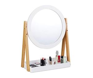 relaxdays, blanc cosmétique, rotatif, avec rangement pour maquillage, miroir de table ∅ 32,5 cm, bambou, naturel, MDF, verre, 57 x 43 x 22 cm
