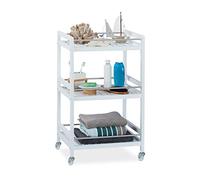 Relaxdays, blanc Desserte de Cuisine Bambou, 3 étages, chariot de service, Roulette 360°, HxlxP 76,5 x 46 x 38 cm, inox, plastique