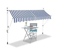 Relaxdays, bleu-blanc Auvent rétractable 300 cm Store balcon marquise soleil terrasse hauteur réglable sans perçage, 300 x 120 cm