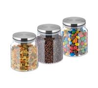 Relaxdays Bocal en Verre, avec Couvercle, lot Pratique de 3, 1100 ML, Rond, hermétique, Transparent et argenté