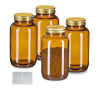 Relaxdays Bocal en Verre, Lot de 4, 400 ML, Couvercle, étiquette, pour Vos épices ou Vos pilules, ambré et doré