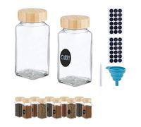 Relaxdays Bocaux à épices, Lot de 12, saupoudrage, Verre, 120 ML, étiquettes, Stylo & Entonnoir, Transparent/Nature