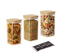 Relaxdays Bocaux en verre avec couvercle bambou lot de 3 carrés 1500 ml hermétiques transparents/naturels