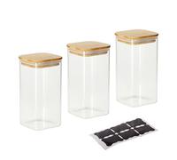 Relaxdays Bocaux en verre avec couvercle bambou, lot de 3, carrés, 1500 ml, hermétiques, transparents/naturels