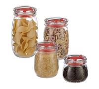 relaxdays Bocaux en verre, lot de 4, couvercle avec ouverture pour paille et joint, pour pâtes, boissons, transparent