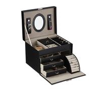 Relaxdays Boîte à Bijoux Pratique, Rangement avec Miroir, emplacements pour bagues, H x L x P : 18,5 x 24 x 19 cm, Noire
