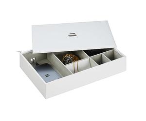 Relaxdays Boîte à bijoux, écrin objets de valeur, compartiments, couvercle, HxLxP : 7x32x22 cm, effet cuir, blanc
