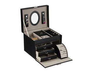 Relaxdays Boîte à bijoux pratique, rangement avec miroir, emplacements pour bagues, H x L x P : 18,5 x 24 x 19 cm, noire