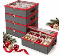 Relaxdays Boîte à Boules de Noël, Grise/Rouge | lot de 4, pour 16 boules, 9 x 33 x 33 cm, polyester, carton