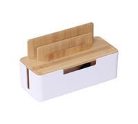 Relaxdays Boîte à câbles en bambou, support smartphone/tablette, 16×30×13 cm, multiprise 6, ventilation, naturel/blanc