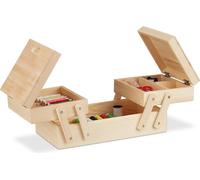 Relaxdays Nähkästchen Holz, 5 Fächer, ausklappbar, ohne Inhalt, Griffe, natürliche Optik, HBT: 12 x 26 x 15,5 cm, natur