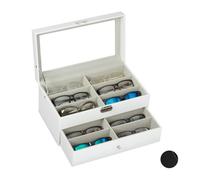 Relaxdays Boîte à lunettes pour 12 paires, Rangement montures, cuir artificiel 15,5 x 33,5 x 19,5 cm, coffre, blanc