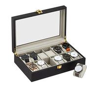 Relaxdays boîte à montres, 12 emplacements, vitrine en verre, velours noir | Protection anti-rayures, bois, coffret à montres, H x L x P 8 x 31 x 20 cm
