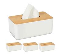 Relaxdays Boîte à mouchoirs, Lot de 4, Distributeur lingettes Salle de Bains, Plastique, Bambou, HLP 10 x 23 x 13 cm, Blanc/Nature