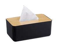 Relaxdays Boîte à mouchoirs pour Salle de Bain, Plastique, Couvercle Bois, Rechargeable, HLP : 10x23x13 cm, Noir/Nature