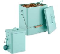 Relaxdays Boîte de Conservation, Lot de 2, 2 Tailles, avec Couvercle & cuillère, Fer, récipient croquettes, Turquoise