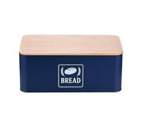 Relaxdays Boite à Pain, Couvercle Pratique, Design rétro, H x L x P : 13,5 x 33 x 19 cm, Bleu foncé et Nature
