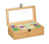 Relaxdays Boîte à thé 10 Compartiments, Rangement sachets perfusions, Bambou, 10 x 29,5 x 17 cm, Naturel
