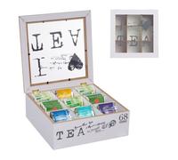 Relaxdays Boite à thé, 9 Compartiments, MDF et Acrylique, fenêtre Transparente, H x L x P : 9 x 25 x 25 cm, Blanc & Gris