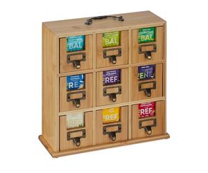 Relaxdays Boîte à thé, 9 Compartiments, Rangement en Bambou, à Poser ou Suspendre, H x L x P : 29 x 30 x 11,5 cm, Nature