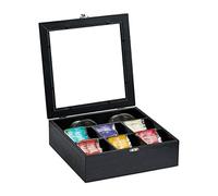 Relaxdays Boîte à thé, effet bois, 7 compartiments, rangement sachet tisane, coffret fenêtre, HxLxP : 8x25x25,5 cm, noir