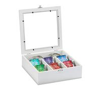 Relaxdays Boîte à thé, effet bois, 7 compartiments rangement sachet tisane, coffret fenêtre, HxLxP : 8x25x25,5 cm, blanc