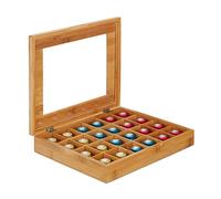 Relaxdays boîte à thé en bambou, 24 compartiments, rabattable, rangement capsules, petite vitre, café, naturel