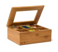 Relaxdays Boîte à thé en bambou 6 compartiments Coffret sachets thé vrac HxlxP : 9 x 22 x 16 cm Fenêtre transparente, nature
