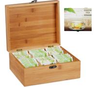 Relaxdays Boîte à thé bambou, coffret, 72 sachets thé, couvercle, 6 compartiments, HxlxP: 9,5 x 22 x 18,5 cm, nature