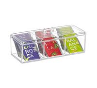 Relaxdays Boite à thé, Rangement avec 3 Compartiments et Couvercle, en Plastique, HLP : 9 x 23 x 9,5 cm, Transparente