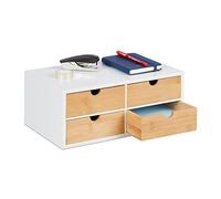 Relaxdays Boîte à tiroirs, 4 Compartiments, pour matériel de Bureau, HxLxP : 14x33x21 cm, Bambou et MDF, Blanc/Nature